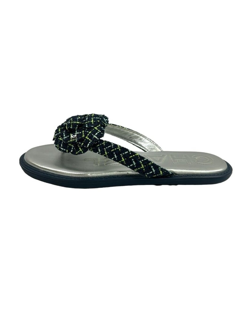 Chanel Sandals Navy Light Green Blue Camellia